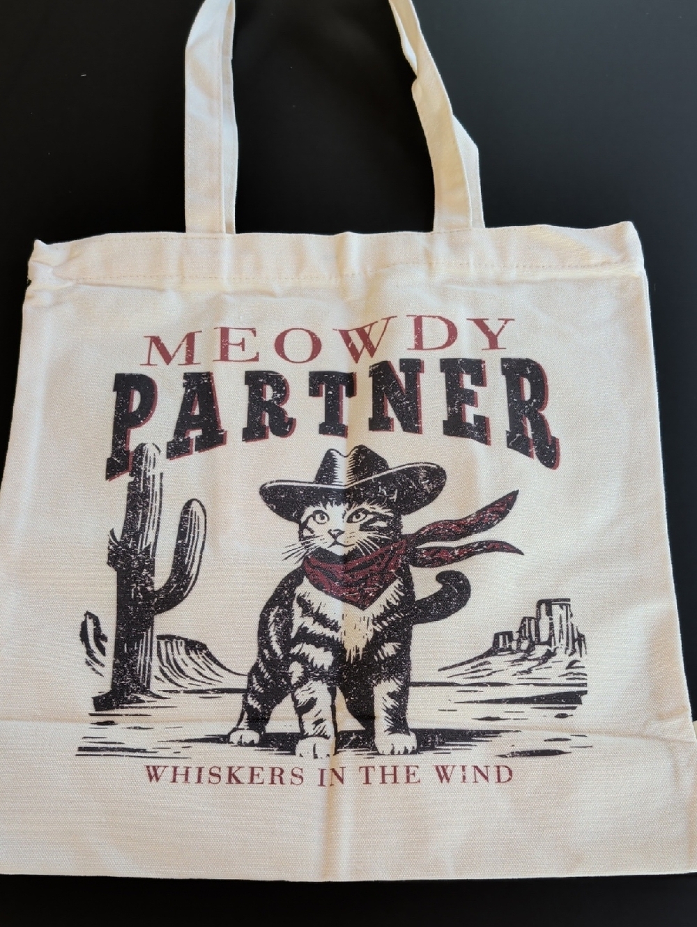 Meowdy Partner Beige Tote Bag with Red Accents